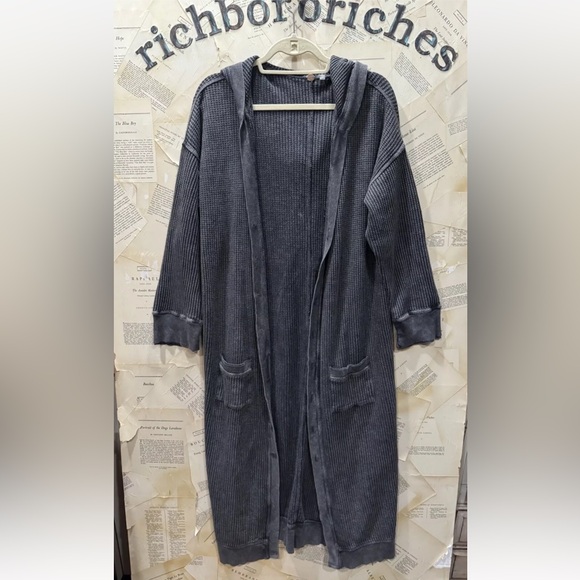 Free People One Harley Cardi Hoodie Maxi Waffle Knit Slouchy Charcoal - Picture 4 of 5